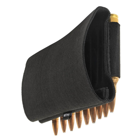 Close-up of black Buttstock Ammo Holder For Rifles Nine Shell Cartridges Pouch With Quick Access showing shells.