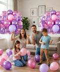 Family celebrates with Pink And Purple Music Note Foil Balloons Set, 12 Inch Metallic Balloons Mix for parties.