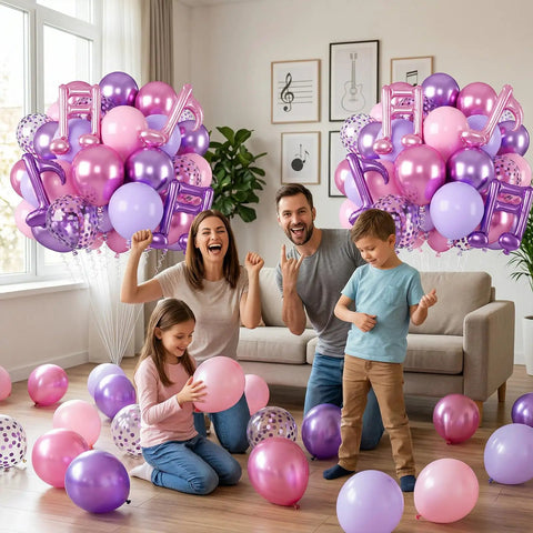 Family celebrates with Pink And Purple Music Note Foil Balloons Set, 12 Inch Metallic Balloons Mix for parties.
