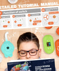 Child reading manual of Hands On STEM Electronics Exploration Kit With Over 420 Projects And 35 Circuit Parts, surrounded by parts