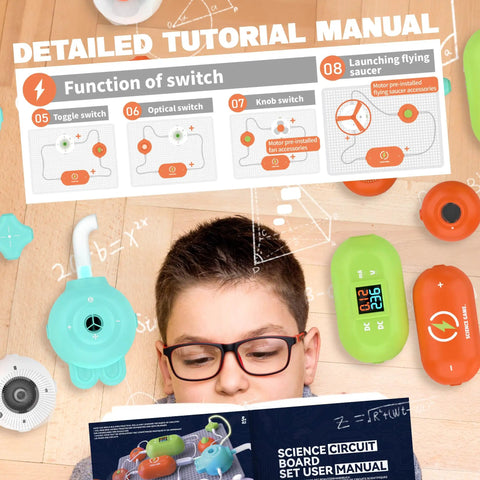 Child reading manual of Hands On STEM Electronics Exploration Kit With Over 420 Projects And 35 Circuit Parts, surrounded by parts