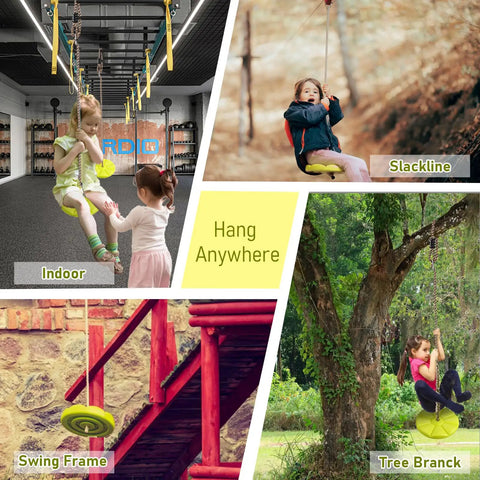 Children enjoy Tree Swing Disc Seat for Kids Yellow Round Outdoor Backyard Swing With 220lbs Capacity on different setups.