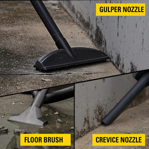 Different nozzle attachments for the Pro Grade 6 Gallon Wet Dry Vacuum With 4 Peak HP Motor And Stainless Steel Tank In Silver And Yellow