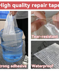 Heavy Duty Waterproof Repair Tape Kit in use for lifting a water bottle, showcasing strength, tear-resistance, and waterproof qualities.