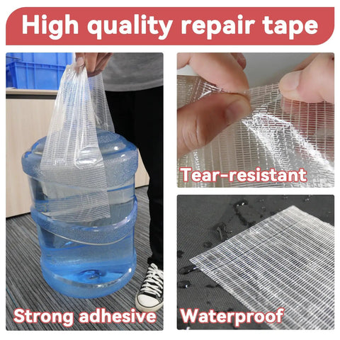 Heavy Duty Waterproof Repair Tape Kit in use for lifting a water bottle, showcasing strength, tear-resistance, and waterproof qualities.