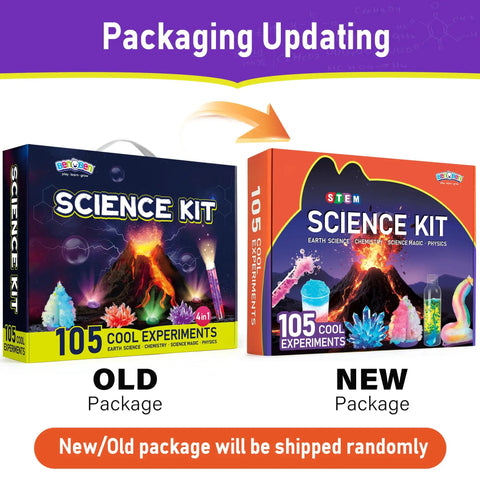 Image showing new and old packaging of Hands On Science Kit For Kids Aged 8 To 12 With 105 Cool Experiments Including Volcano And Chemistry