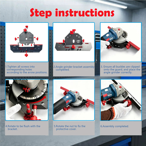 45 Degree Tile Chamfer Jig For 4.5 Inch And 5 Inch Angle Grinders Built Tough Bevel Cutting Tool For Precise Burr Free Tile Edges Easy Tiling Finish Includes Gloves shown with step-by-step angle grinder assembly