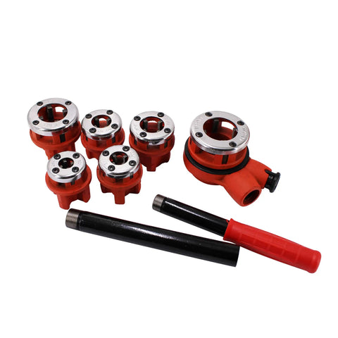 Ratcheting Pipe Threader Kit With Six Dies One Quarter Inch To One And One Quarter Inch Workhorse Ergonomic Handle Durable Plumbing Tool Set