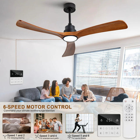52 Inch Modern Black Ceiling Fan With Lights And Remote Control Wall Switch Dimmable Reversible Whisper Quiet Operation Power Off Memory Solid Wood Blades Indoor Outdoor Use