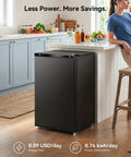 Compact 3.0 Cubic Foot Upright Mini Freezer In Black with energy stats in a modern kitchen, ideal for efficient cold storage.