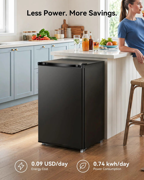 Compact 3.0 Cubic Foot Upright Mini Freezer In Black with energy stats in a modern kitchen, ideal for efficient cold storage.