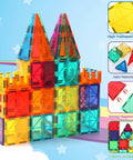 104 Piece Magnetic Tile STEM Building Blocks Set For Kids Ages 3 To 9 With car bases, showing colorful castle structure