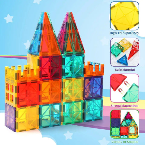 104 Piece Magnetic Tile STEM Building Blocks Set For Kids Ages 3 To 9 With car bases, showing colorful castle structure