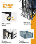 Images showing details of the Four Bag Golf Organizer Rack For Garage Storage, including lockable wheels and storage features.