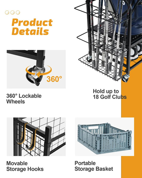 Images showing details of the Four Bag Golf Organizer Rack For Garage Storage, including lockable wheels and storage features.