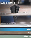 Installed HSS step drill bit (1/4–2 in) in a drill, drilling through metal sheet