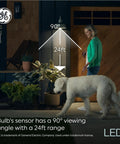 Motion Sensor Outdoor Flood Light Bulbs PAR38 15W Warm White in use on porch with woman and dog, E26 base, 90° sensor