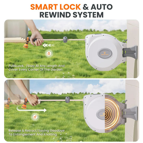 CW20 Retractable Garden Hose Reel 60 Foot 5 Eighth Inch Heavy Duty Water Hose Reel with Auto Rewind and Swivel Bracket in use