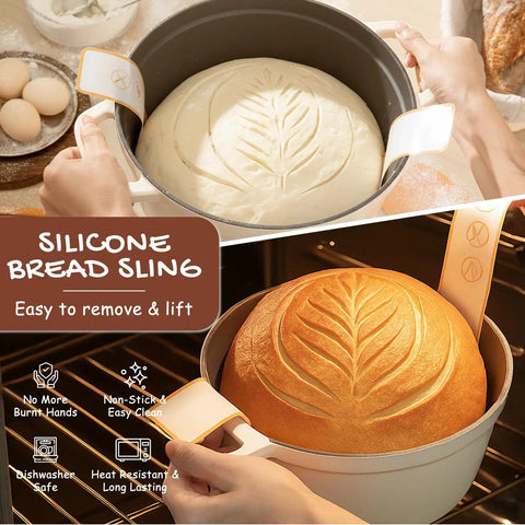All In One Sourdough Starter Kit With Round And Oval Banneton Baskets Bread Sling Starter Jar Dough Whisk Scrapers Stencils Cooling Rack Bags And More For Easy Pro Level Home Bread Baking - silicone bread sling lifting loaf