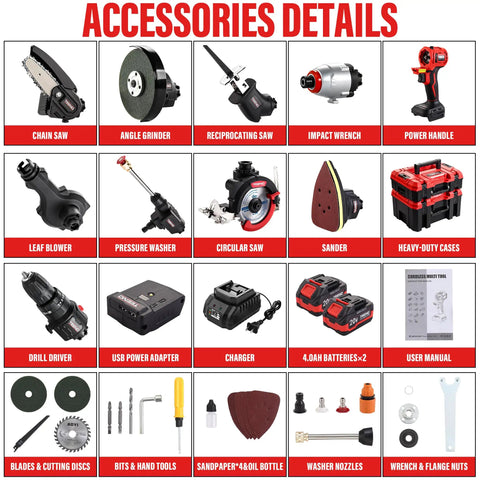 All-In-One Workhorse 20V Max Brushless Cordless Power Tool Combo Kit With 9-In-1 Attachments: Drill, Impact Wrench, Grinder, Circular Saw
