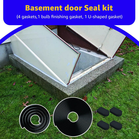 Bilco basement door weatherstrip kit with 1 U-shaped gasket, 1 bulb trim gasket, and 4 cap seals; black rubber