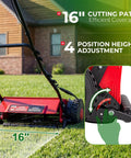 16 Inch Cordless Electric Reel Lawn Mower With Dual 36Wh Batteries For Long Run Time Up To 30 Minutes Of Mowing On Small To Medium Lawns Quiet Eco Friendly Yard Work No Fuss Easy Start, 16-inch reel mower on grass with 4 height settings