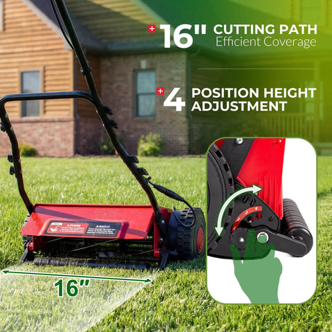 16 Inch Cordless Electric Reel Lawn Mower With Dual 36Wh Batteries For Long Run Time Up To 30 Minutes Of Mowing On Small To Medium Lawns Quiet Eco Friendly Yard Work No Fuss Easy Start, 16-inch reel mower on grass with 4 height settings