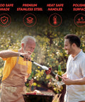 Two men using Stainless Steel BBQ Grill Tools Set For Outdoor Grilling Includes Tong Spatula Fork Knife Basting Brush Six Skewers And Gift Box.