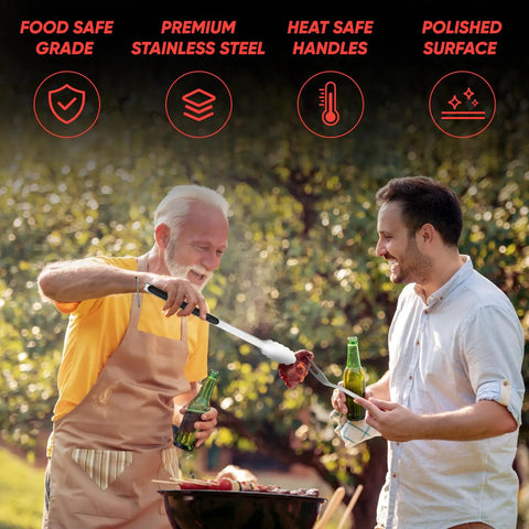 Two men using Stainless Steel BBQ Grill Tools Set For Outdoor Grilling Includes Tong Spatula Fork Knife Basting Brush Six Skewers And Gift Box.