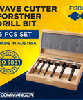Premium Wave Cutter Forstner Drill Bit Set Includes Six Piece Heavy Duty Top Shelf Woodworking Kit Spanning Twenty To Fifty Millimeters Heat Treated Steel For Knockout Clean Bore Holes On Custom Builds in wooden case.