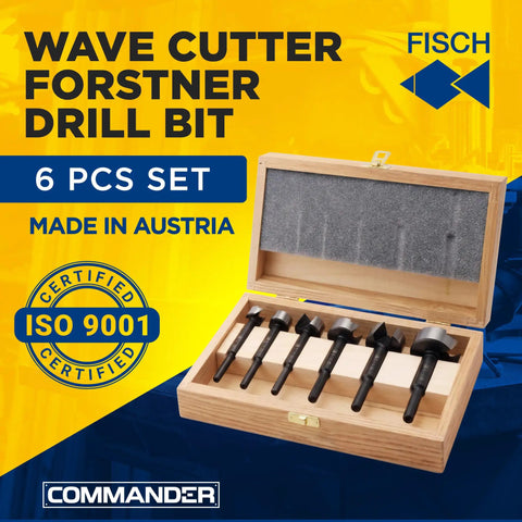 Premium Wave Cutter Forstner Drill Bit Set Includes Six Piece Heavy Duty Top Shelf Woodworking Kit Spanning Twenty To Fifty Millimeters Heat Treated Steel For Knockout Clean Bore Holes On Custom Builds in wooden case.