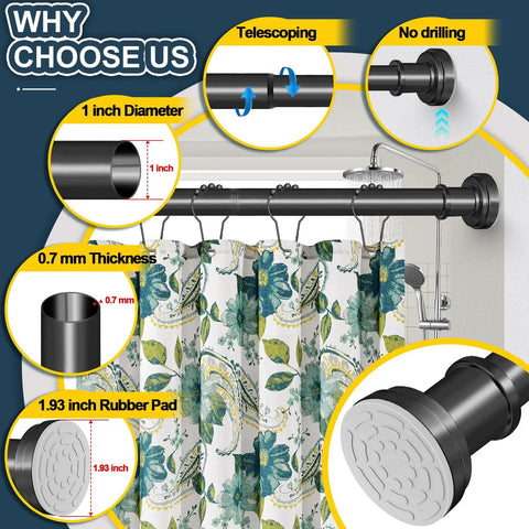 Illustration of Adjustable Spring Tension Shower Curtain Rod 36 To 84 Inches No Drilling Rustproof With Non Slip Ends