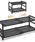 Rock Solid Expandable Shoe Rack Black Two Tier Metal Closet Organizer Holds Eight Pairs Of Sneakers showing adjustable width and shelves.