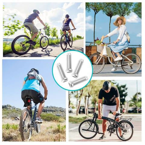 Collage of cyclists with a central image of Alloy Brake Cable End Caps For Road And Mountain Bikes Tough Aluminum Crimps Silver End Tips End Cap Ferrules Easy Fit 100 Pack For Quick Fixes And Clean Finish.