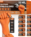 Heavy Duty 10 Mil Orange Nitrile Gloves With Raised Diamond Grip, Disposable Latex Free Work Gloves Built Tough For The Daily Grind, Extra Large Fit, 1000 Count in a display box.