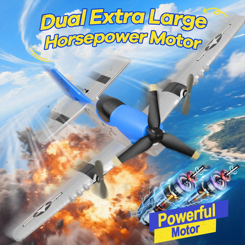 P51 Mustang RC Airplane For Beginners With 2.4GHz Control showcasing dual large motors in dynamic sky backdrop.