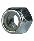Close-up of a Pack Of Fifty Grade 2 Zinc Plated Steel Nylon Insert Hex Lock Nut, highlighting nylon collar and zinc finish.