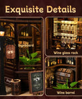 Cozy Corner Tavern Book Nook Kit With LED Lights For Adults DIY Miniature Dollhouse Puzzle In 3D Wood Craft For Teens And Beginners A Dope Gift For Book Nook Lovers And Shelf Decor showing lamp post and wine barrel details.