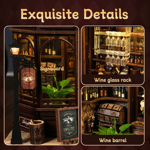 Cozy Corner Tavern Book Nook Kit With LED Lights For Adults DIY Miniature Dollhouse Puzzle In 3D Wood Craft For Teens And Beginners A Dope Gift For Book Nook Lovers And Shelf Decor showing lamp post and wine barrel details.