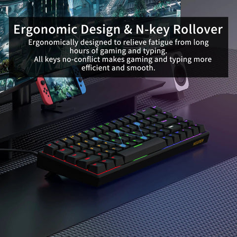 Compact 60 Percent Wired Mechanical Gaming Keyboard With 68 Keys And Separate Arrow Layout showing ergonomic design and rainbow lighting.