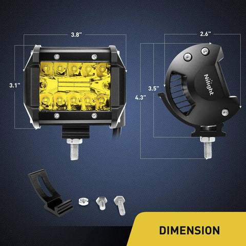 4 Inch Yellow LED Pods Dual Pack 60W Flood And Spot Combo Driving Fog Lights dimensions with mounting hardware