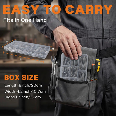 Person holding a clear storage box of 130 Piece Eight Thirty Two Machine Screws Assortment Kit With Phillips Pan Head Bolts In Three Oh Four Stainless Steel Includes One Half To Two Inch Lengths For Electrical Outlets And Everyday DIY Home Repairs