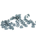 Built Like A Tank 4 Prong Steel T Nuts 100 Pack Featuring 10-32 Threads And 5/16 Inch Length, zinc coated fasteners scattered.