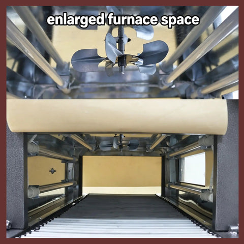 Inside view of 220V Industrial Heat Shrink Wrapping Machine Tunnel with enlarged furnace space and cooling fan.