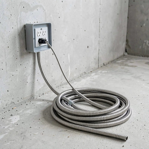 Top Notch Flexible Stainless Steel Wire Loom Sleeve For Heavy Duty Cable Management Easy Bend Rust Proof Electrical Conduit Guard With Killer Flex And Smooth 5 Mm Inner Diameter For Hot Rod And Truck Wiring Projects coiled on concrete floor.
