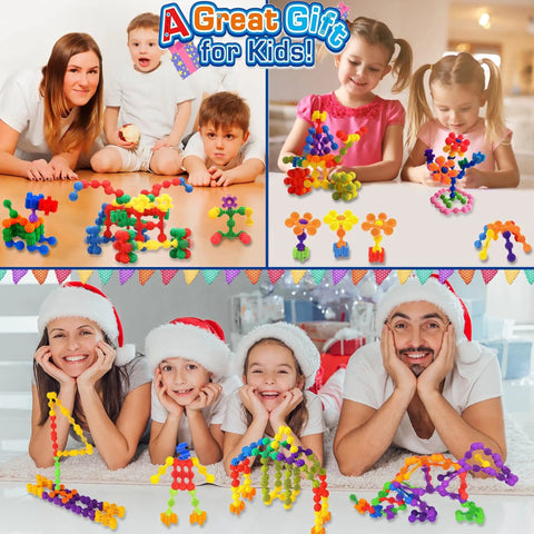 Children playing with Kid Friendly STEM Building Blocks Set 120 Piece Gear Interlocking Toy Kit with colorful star shaped pieces.