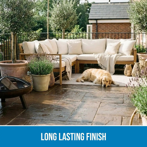 Pro Level Gloss Water Based Acrylic Sealer Protecting Wood Concrete Brick And Masonry With A Slick High Shine Seal For Zero Sweat Application Inside Each 5 Gallon Value Pack Two shown on an outdoor patio with furniture.