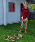 Child using Real Feel Toy Leaf Blower That Lights Up And Actually Blows Air Kid Friendly Mini Tool For Ages 3 And Up in backyard