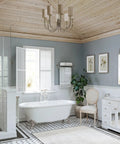 Elegant bathroom with standing shower, bathtub, and dual sinks. Light wood ceiling, blue walls, and natural light from window.