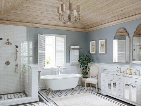 Elegant bathroom with standing shower, bathtub, and dual sinks. Light wood ceiling, blue walls, and natural light from window.